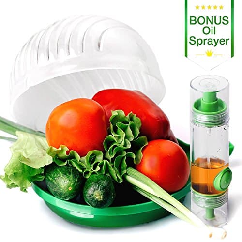Salad Cutter Bowl by ELLTERA | 60 second Salad Maker and BONUS Oil Sprayer | Perfect Vegetable, Fruit and Lettuce Chopper Slicer - BPA Free Large Plastic Cutter and Cooking Oil Dispenser Bottle