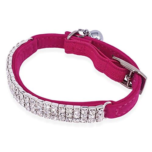 Diamond Bling Collar | Safe Soft Leather and Elegant Sparkling Rhinestone Crystal Diamante Dog Collar with Adjustable Clasp Up To 11" and Ring Bell | For Puppy Kitten Cat Dog Small Pets | Rose