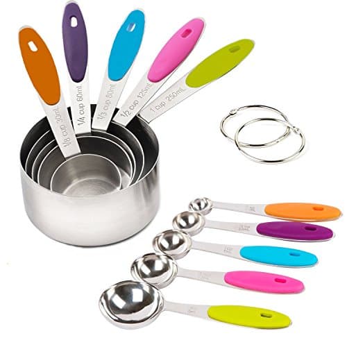 Docik 10 Piece Measuring Cups and Spoons Set, Premium Stainless Steel, Easy Grip Anti-Slip Silicone Handles, Engraved Measurement Kitchen Tools