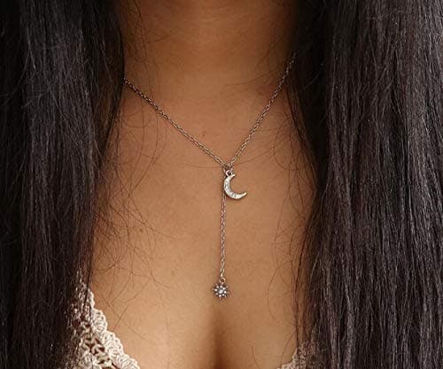 Crescent Moon Star Pendant Necklace (Silver)