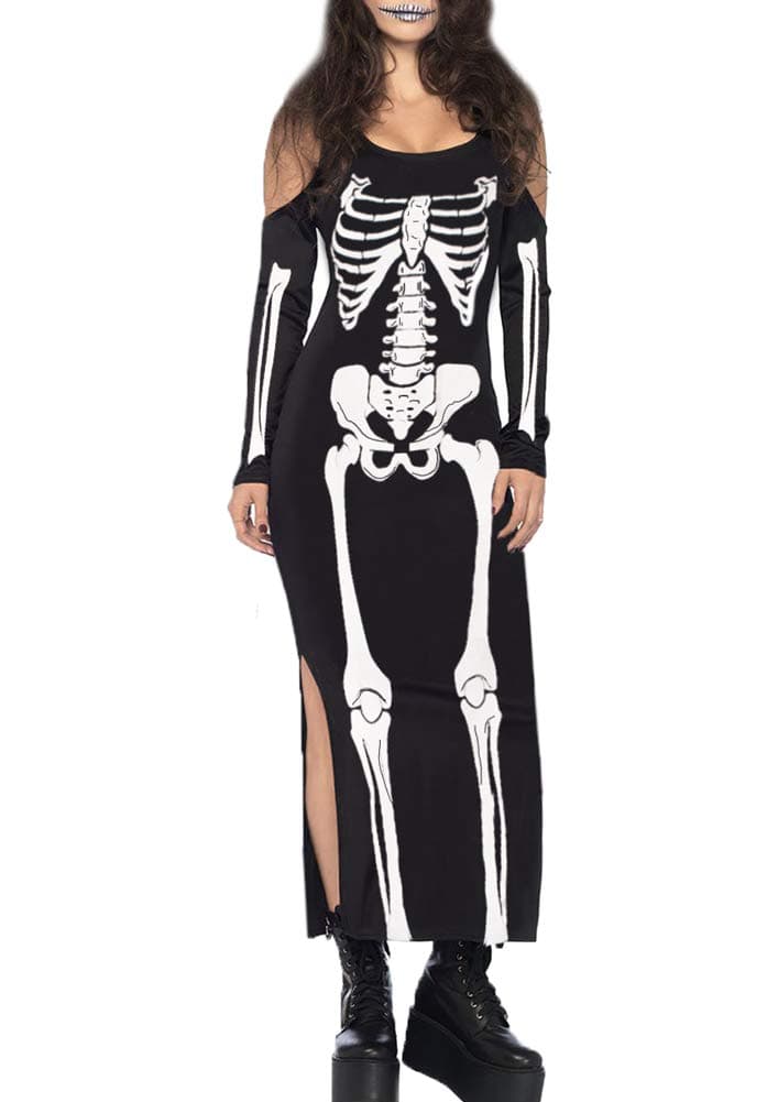 For G and PL Halloween Women's Skeleton Slit Cold Shoulder Maxi Dress