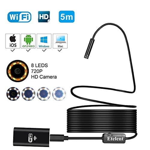 Wifi Wireless Endoscope,720P and 2.0 Megapixels HD Waterproof Borescope Inspection Camera with 8 Adjustable LED, Lens Snake Camera for IOS and Android Smartphone Mac Windows Tablet PC(16.4 FT)