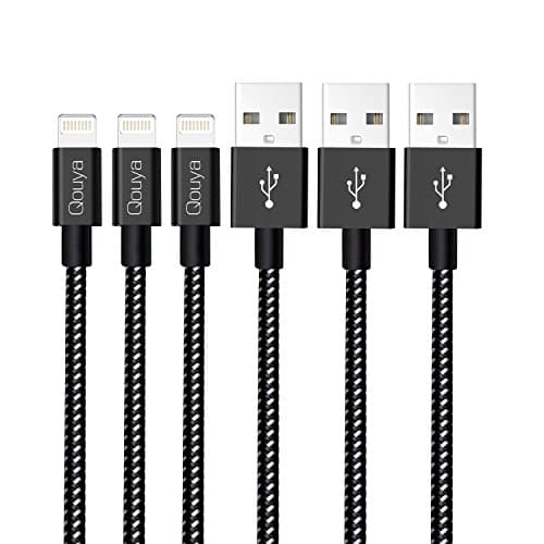 Qouya Lightning Cable 3Pack 10FT Black Nylon Braided cord for iPhone 7/7 Plus/6s/6s Plus/6/6Plus