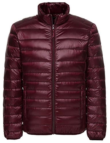 Sawadikaa Men's Winter Stand Collar Packable Ultra Light Pillow Down Puffer Jacket Coat Outdoor Jacket Wine Red Small
