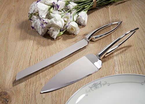 Silver-Plated Cake Wedding set: Modern Design Knife and Server Set by Queen Fine Gifts: 13 Inch Knife and Slicer with Stainless Steel Blades, for Cake, Cheese, and Desserts