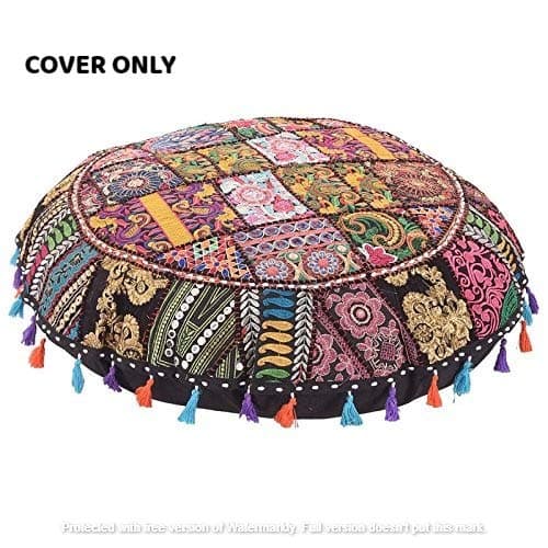 GANESHAM Indian Handmade Vintage Patchwork Cotton Boho Chic Bohemian Hand Embroidered Decorative Ethnic Foot Stool Round Floor Pillows & Cushion Cover Seating Pouf Ottoman (Black, 22 Inch)