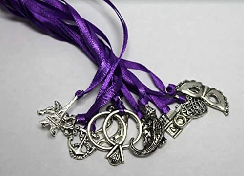 10 Cake Pull Charms with Purple Satin Ribbon - Set of ten classic cake pulls game for bridal shower wedding bachelorette party
