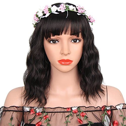 Curly Bob Wig With Bangs Black Medium Wavy Wig for Women Synthetic Black Wavy Hair Natural Heat Resistant Fiber