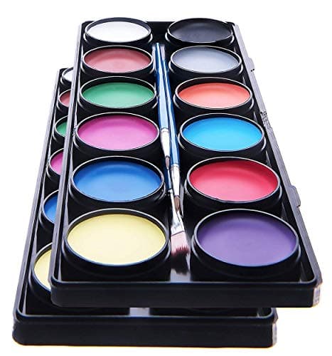 Face Paint Kit for Kids – 2 Pack, 12 Large Washable Paints, Stencils, 3 Brushes, Safe Kids Facepainting for Sensitive Skin, Professional Facepaints - Halloween Makeup Kit Body Paint Supplies (2 Pack)
