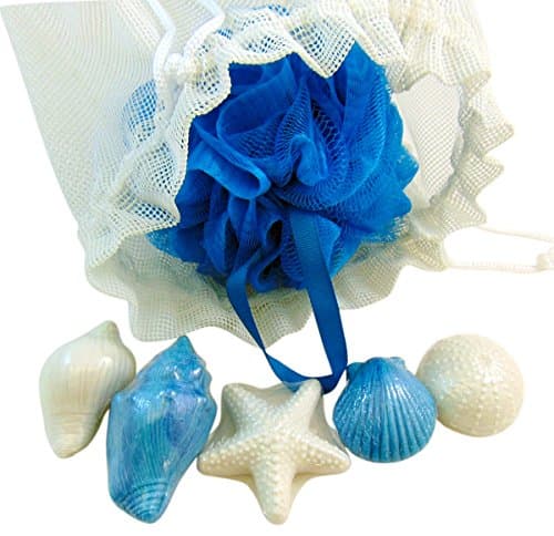 Bath Pouf Sponge &amp; Soap Nautical Beach Set with Mesh Bag