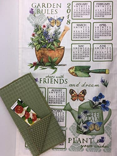 2018 Garden Rules Calendar Towel &amp; Drying Mat Bundle Summer Garden Kitchen Linen Calendar Towel and Kitchen Dish Drying Mat 3 Piece Bundle