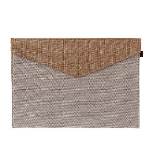 BecauseOf Linen Canvas Envelope File Folder, A4 Paper File Bag Document Holder, with Stainless Steel Button (Khaki, Large)