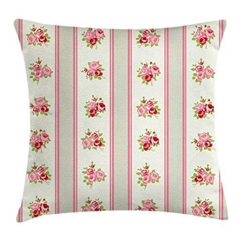 imouSde Shabby Chic Throw Pillow Cushion Cover, Country Pattern Vertical Borders Corsages English Roses Throw Pillow Covers 18 X 18 Pale Green Pink Cream