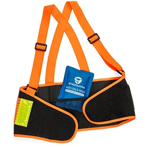 Stedguard High Visibility Back Support Brace - Heavy Duty Ergonomic Stabilizer for Men and Women - Adjustable Velcro Belt - Elastic Compression Straps + Reusable Hot-Cold Pack for Lumbar Pain Relief