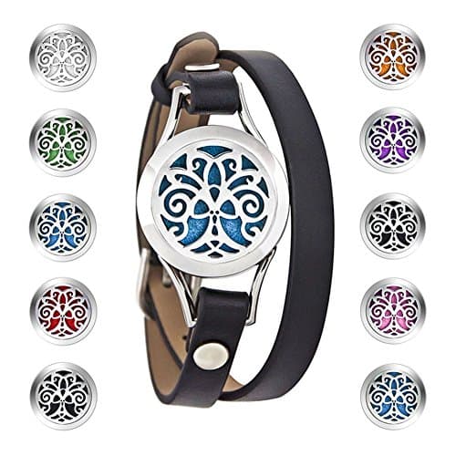 Alaxy Essential Oils Diffuser Bracelet Leather Band, Carving Round Stainless Steel Aromatherapy Locket Bracelets Leather Band with 10 Color Pads, Gifts for Women