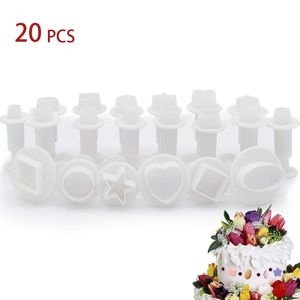 Luxanna 20 PCS Fondant Plunger Cookie Cutters Cupcake Decorating Tools Sugarcraft DIY Mold Supplies Cake Ejector Stamp Heart Oval Five-Pointed Star Square Round