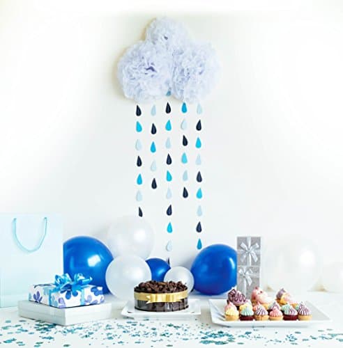Rain and Cloud Baby Shower Decoration Set includes White Tissue Paper Pom Poms and Rain Garland Strands - Easy to Assemble and Creates an Adorable Backdrop
