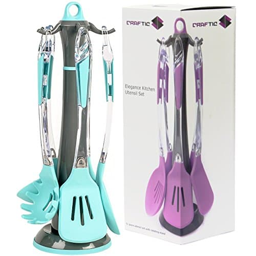 Silicone Kitchen Utensil Set w/ Rotating Stand - 5-Piece, Spaghetti Server, Soup Ladle, Slotted Spoon, Slotted Turner &amp; Slotted Skimmer - Non-Stick, Heat-Resistant, Dishwasher-Safe - Blue