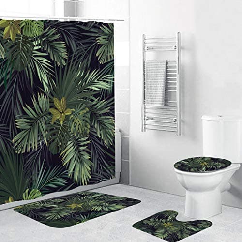NIHAI Line Pattern Small Flower Plant Shower Curtain Set 4PCS- Bathroom Mats Set- Non-Slip Rug Carpet Mats Toilet Cover Mat Shower Curtain (K)