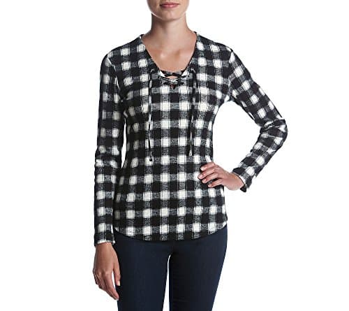 Ruff Hewn Plaid Lace Up Top Black White Medium