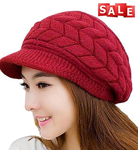 Womens Winter Warm Cable Knit Hat Oversized Beanie Beret Snow Ski Wool Cap with Visor