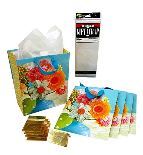 Five Gift Bags, Size Small to Medium with White Tissue Paper and Gold Gift Cards Tags.