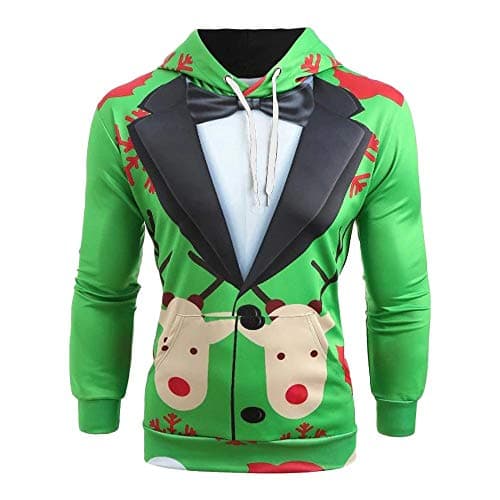 Gallity Men Christmas Suit 3D Pattern Suit Tie Print Long Sleeve Drawstring Sweatshirt Hoodie Pullover (L, Green)