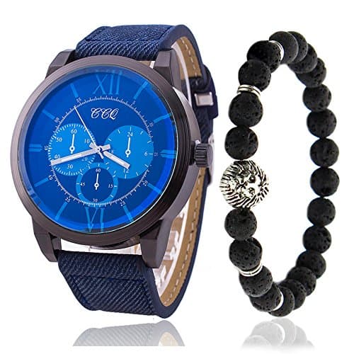 Blue Face Big Men's Watch Bracelet Set Analog Display 50mm Blue Band Roman Numerals Lion Beaded Bracelet