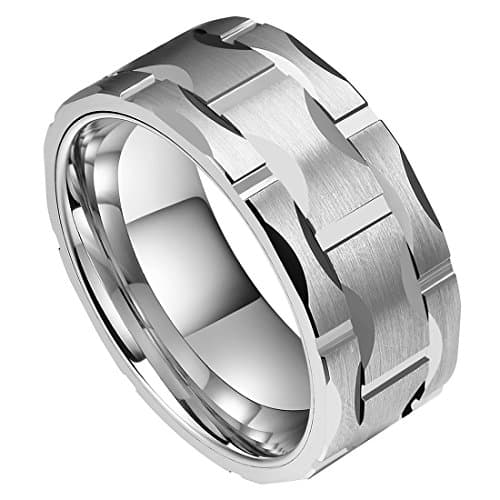 DOUX 8mm 10mm Mens Tungsten Carbide Wedding Ring Brick Pattern Infinity Knot Pattern Brushed Silver Black Surface Statement Ring for Men