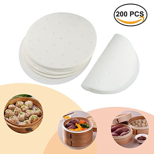 200 pcs Perforated Parchment Round Bamboo Steamer Paper Liners ,9 inch Non-stick Steamer Mat Suitable for Air Fryers/Baking/Cooking/Toast