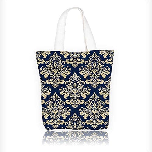 Canvas Beach Bags wallpaper baroque damask vector background g and blue ornament Totes for Women Zippered Beach Shoulder Bag W16.5xH14xD7 INCH