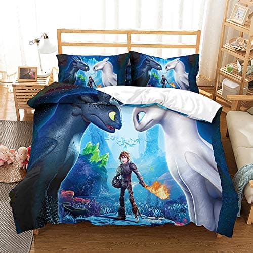 JSBVM Duvet Cover Set 3D Print How to Train Your Dragon Pattern Microfiber 3 Piece Bedding Set Home Textiles (1 Duvet Cover 2 Pillowcases)