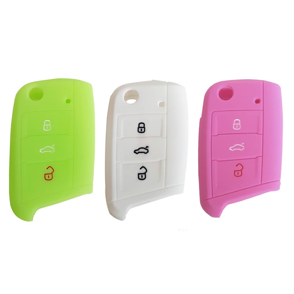 Nicky 3 x Protective Cover for Golf 7 VII New Polo MK7 3-Buttons Car Key Silicone Keys Protector in Pink White Luminous Light Green