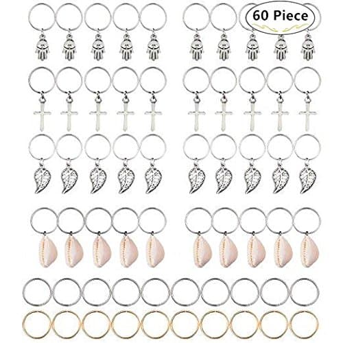 60 Pieces Hair Braid Rings, Carnatory Shell Hands Leaves Star Hair Charms Pendant Rings Set, Hair Loops Clips Headband Hair Accessories for Pierced Braid & Dreadlock Decoration,Gold and Silver