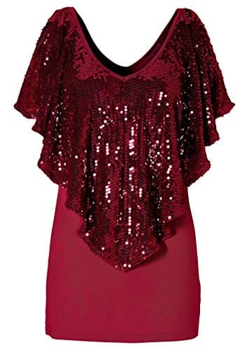Withchic Red Sequin Patchwork V Neck Cape Sleeve T-shirt Women Basic Top L