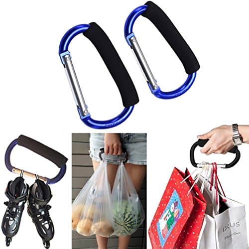 Pack of 2 Grocery Bag Holder Handle Carrier Tool Grip Your Tote，Handy Stroller Hooks, Multi Purpose Mommy Hooks, Pushchair Shopping Bag Hook Carabiner (Blue)