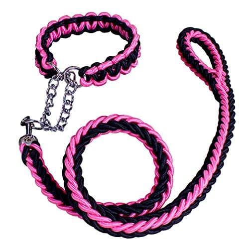AooToo Pet Adjustable Nylon Dog Rope Slip Training Walking Leash And Pet Collar And Traction Rope Solid Hardware Best for Medium Or Large Dogs Double Colors(Pink Black, M)
