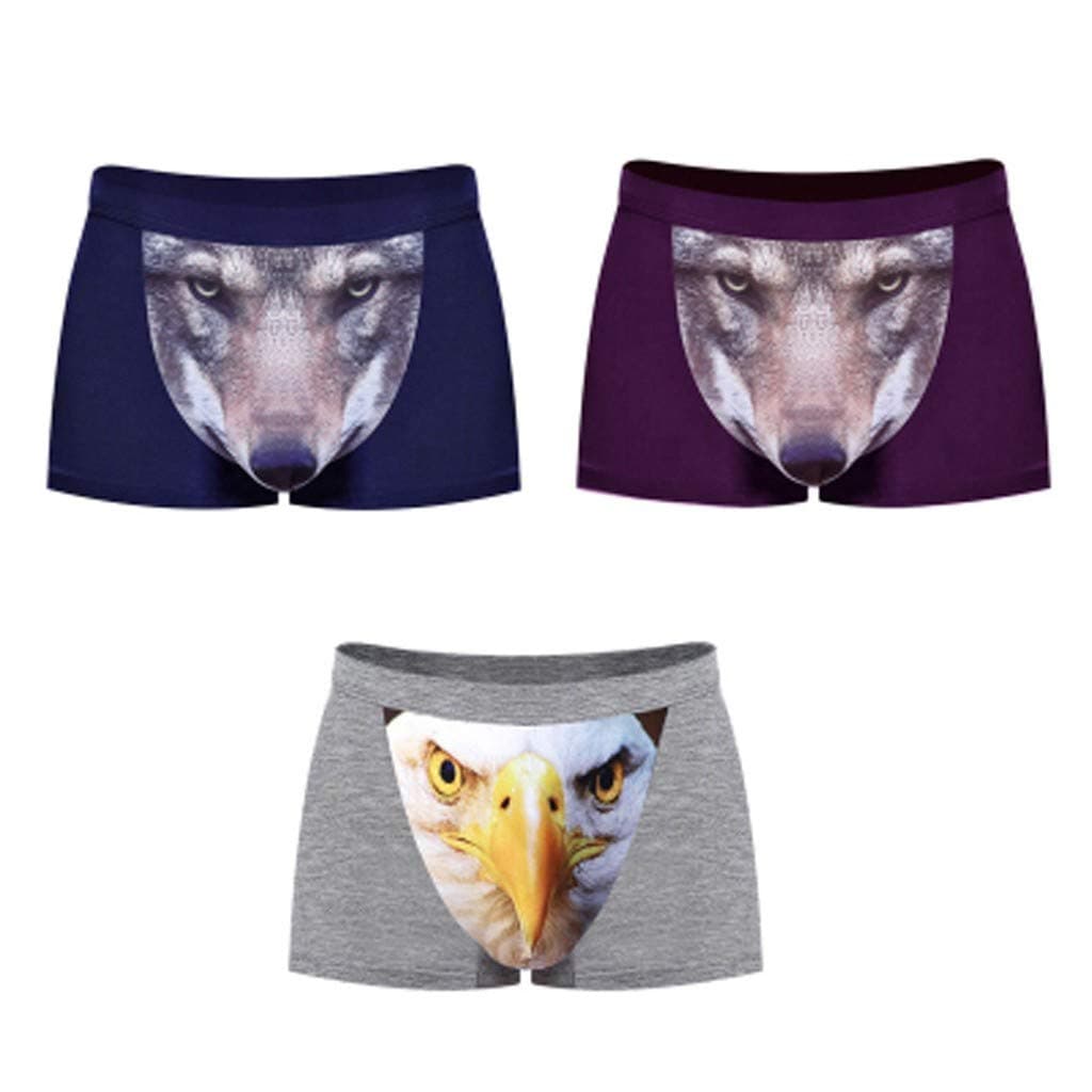 4 PC Men's Soft Underwear,3D Personality Wolf Head Modal Funny Middle Waist Breathable Boxer Briefs