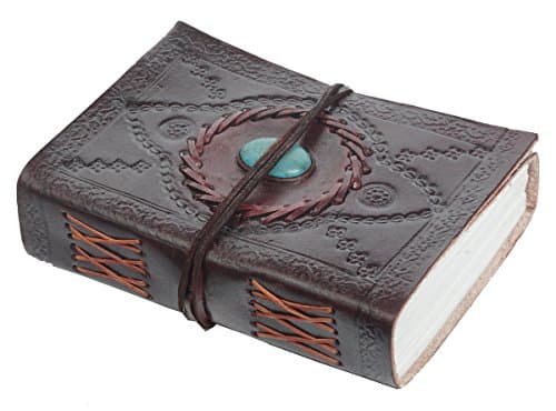 Handmade Embossed Leather Diary Journal with Semi Precious Stone, Dark Camel Color, Perfect Christmas Gifts/Thanksgiving Gifts