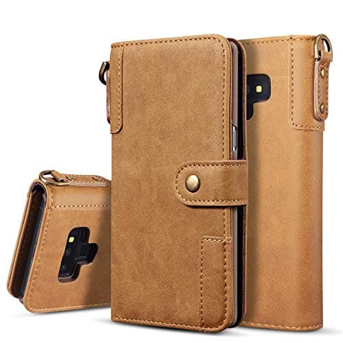DEFBSC Galaxy Note 9 Magnetic Flip Wallet Case, Vintage Multi-functional PU Leather Folio Durable Stand Case Cover with Detachable Wrist Strap Compatible with Samsung Galaxy Note 9,Brown
