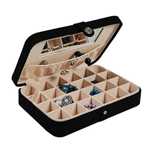 Black Plush Jewelry Organizer Storage Box with 24 Compartments &amp; Mirror For Teen Girls