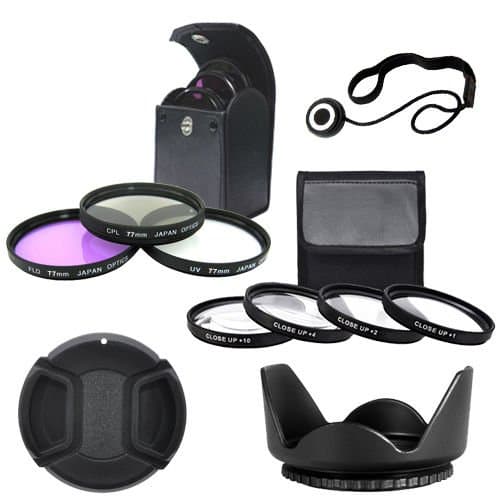77mm 4 piece high definition Close-Up filter set - 77mm Multi-Coated 3 Piece Filter Kit (UV-CPL-FLD) - Snap-On Lens Cap - Lens Cap Keeper - Xit XT62HLH 77mm Hard Tulip Shaped Lens Hood (Black)