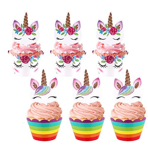 Eligara Unicorn Cupcake Toppers &amp; Wrappers Include 12 Cake Toppers and 12 Cake Wrappers Double-Sides Cake Decorations For Birthday, Wedding, Baby Shower, Graduation Party With 3 Decorating Nozzles