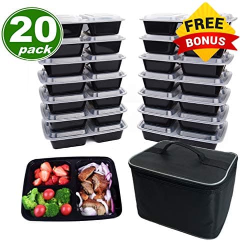 Meal Prep Containers 3 Compartment [20 Pack], w/Bonus Lunch Bag, BPA Free, Freezer, Microwave, Upper Dishwasher Safe, Reusable Bento Boxes, Lunch Boxes, Lunch Containers(32 oz)
