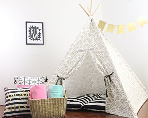 Kids Shimmer Teepee Play Tent Large Play Tee Pee, Metallic Gold Printed Heavy Fabric, Fort, Wigwam, Playhouse