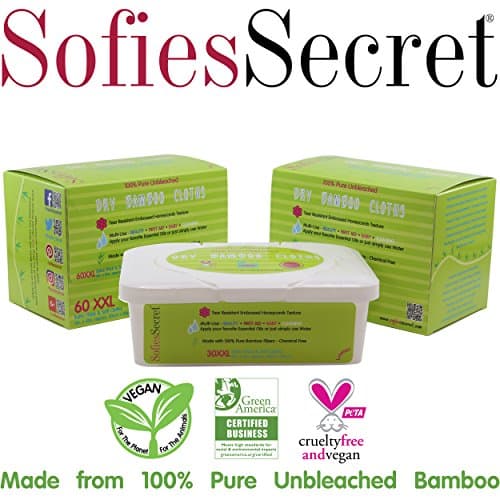 SofiesSecret Unbleached Bamboo DRY Wipes, Extra Thick. XXL, 2 Refills &amp; 1 FREE TUB, 120 Count – Multi-Use: Beauty, First Aid, Baby, Cleaning, Ultra Soft 8in. X 12in.