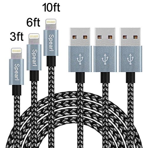 Spearl 3Pcs 3FT 6FT 10FT Extra Long Nylon Braided Charging Cable Cord 8-Pin Lightning to USB Cable Charger Compatible with iPhone7/7Plus/6/6s/6plus/6s plus,iPhone5/5s/5c,iPad,iPod(Black+Gray)