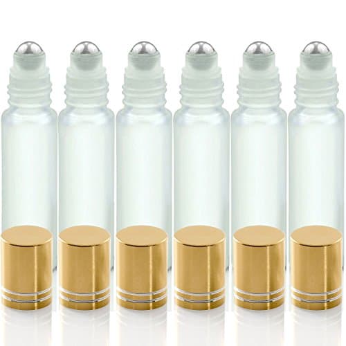 Empty Glass Aromatherapy Roller Bottles By Kaith - With Metal Ball, Frosted White Glass Glod Lids, 1/3oz(10ml), Set of 6 (Glod)