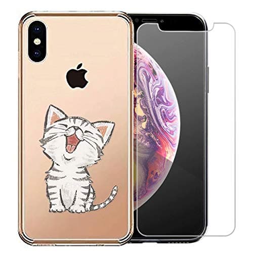 Laixin iPhone XR Case Soft Clear Crystal TPU Silicone Transparent Anti-Scratch Ultra Slim Cover + free [Tempered Glass Screen Protector], Miss Cat