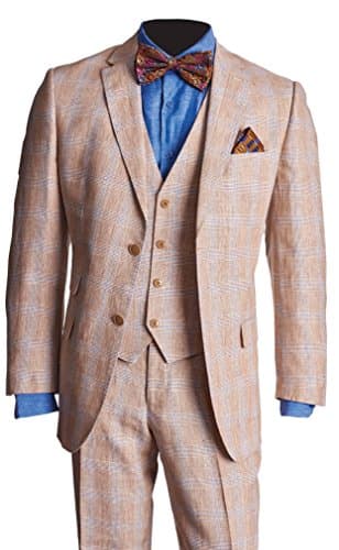 100% Linen Three-Piece Plaid Suit Sport Coat Jacket and Flat Front Pants.